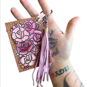 Artisan Handmade Western Southwest Leather Fringe Pink Rose Card Wallet Handmade